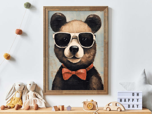 Bear Wall Art, Vintage Bear Print, Animals with Glasses, Bow Tie, Funny Animal Decor, Printable Toddler DEcor, Woodland Animals, DIGITAL Art