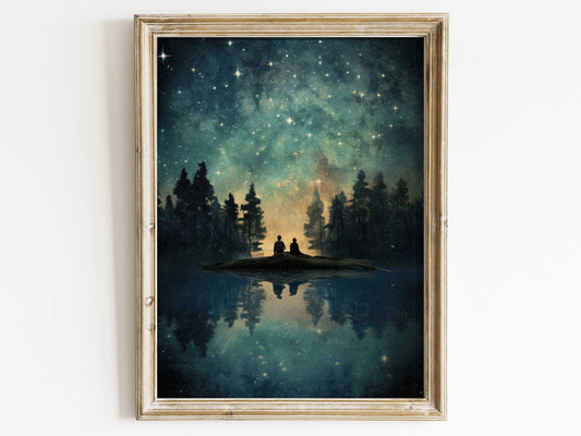 Watercolor Forest Art, Starry Sky Art, Nighttime, Watercolor Lake, Stargazing Art Print, Starlit Sky Digital Art, Moody Wall Decor