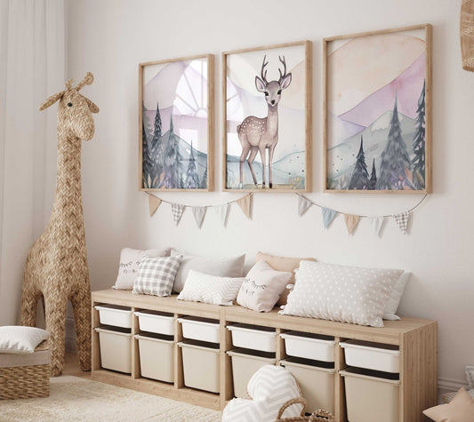 Deer in Nature Nursery Wall Art, Kids Room Woodland Animal Decor, Forest Kids Bedroom Artwork, Digital Watercolor Wall Art