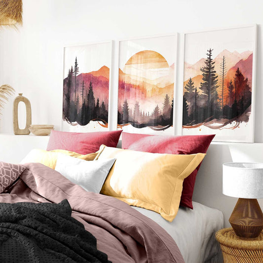 Sunset Serenade: Boho-style Watercolor Landscape Set - Forest, Mountain, Sun - High-Resolution Digital Art - Instant Home Tranquility