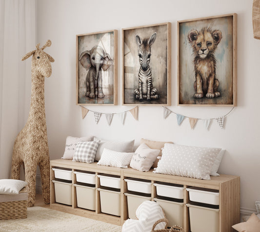 Safari Baby Animals Vintage Wall Art, Digital Printable Set of Three, Elephant, Zebra and Lion Portraits, Distressed Nursery Decor