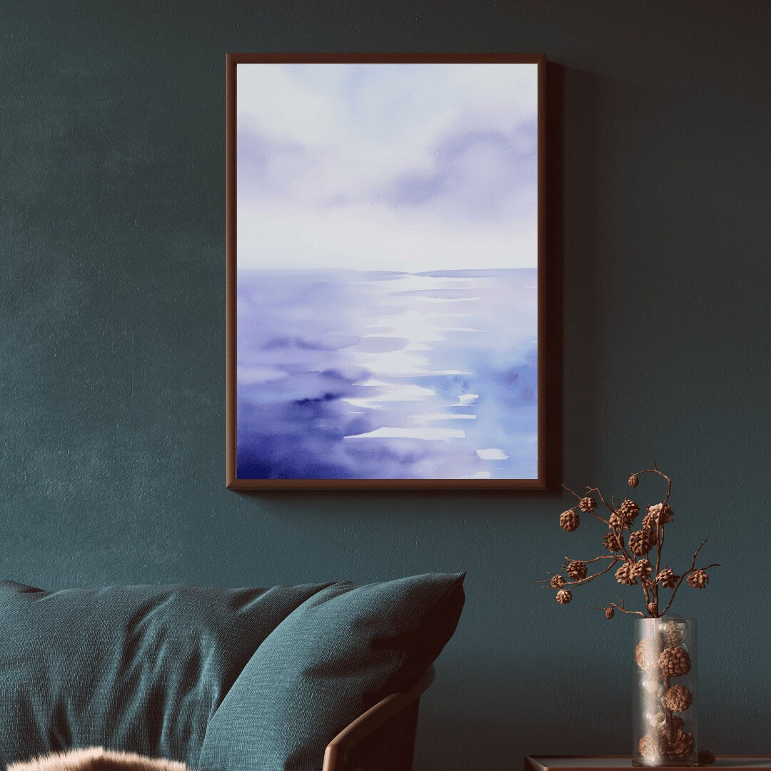 Abstract Watercolor Landscape Painting, Purple Home Decor, Sea & Sky Wall Art, Watercolor Waterscape Art, Digital Printable Wall Decor