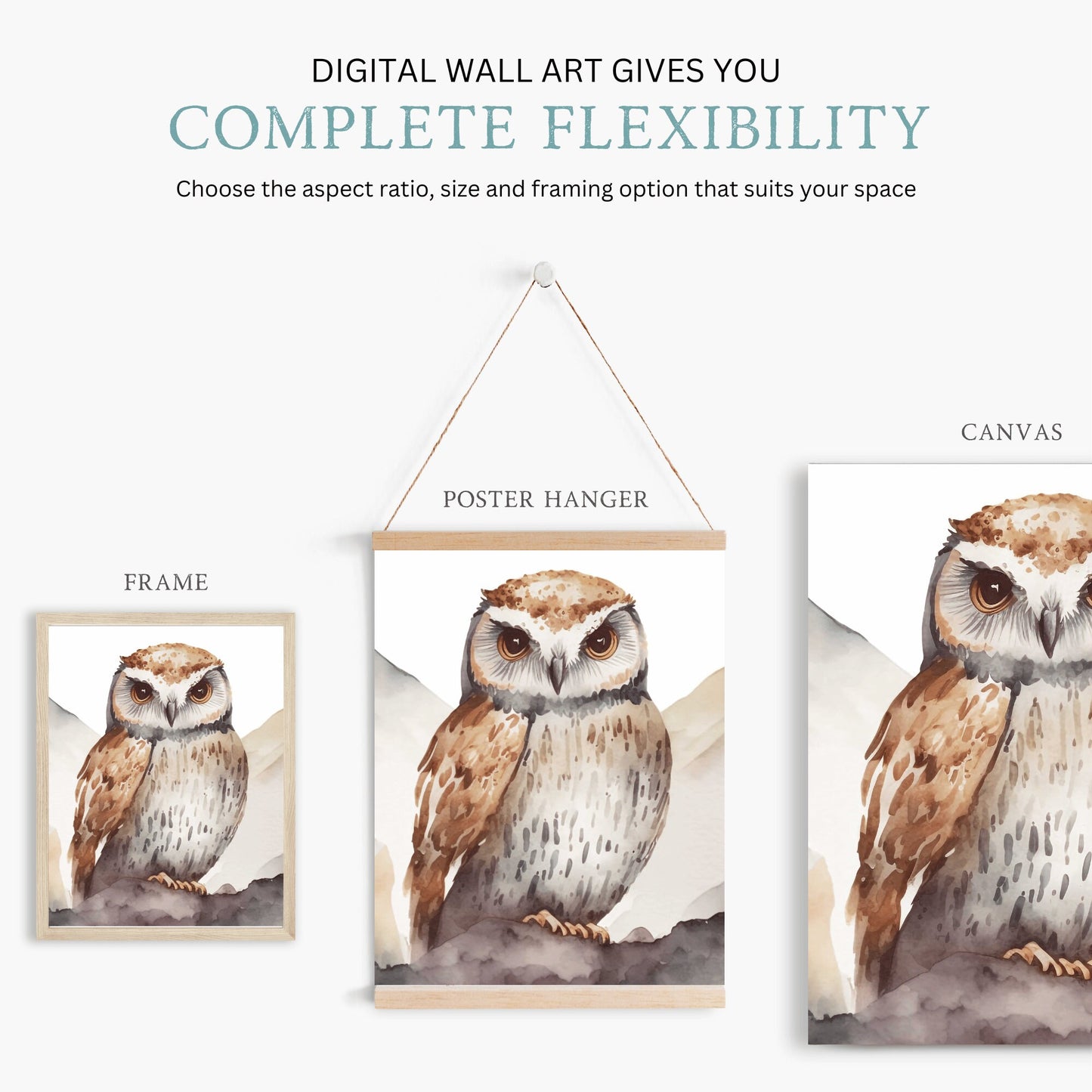 Owl & Mountain Wall Art Set, Boho Style Owl Watercolor Prints, Set of 3, Bird Animal Nursery Decor, Nature-Inspired Digital Printable Art