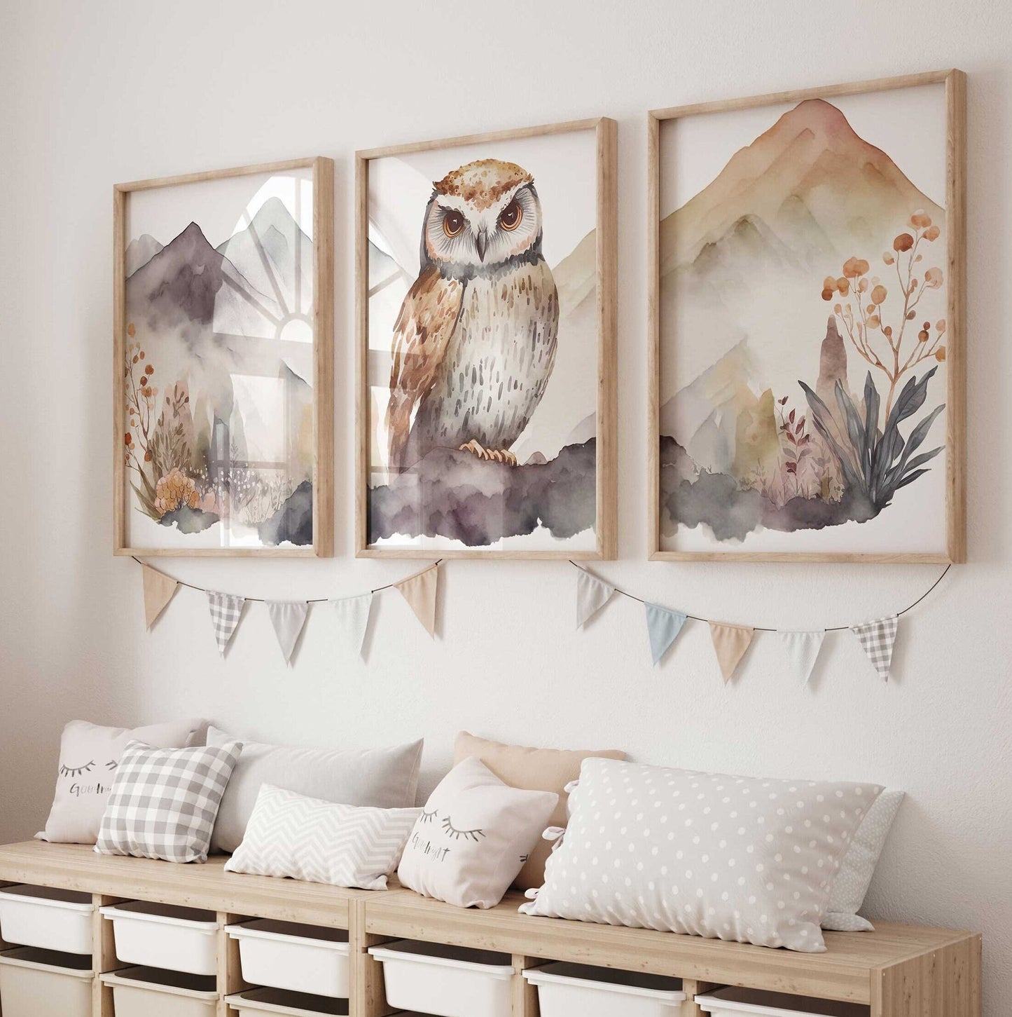 Owl & Mountain Wall Art Set, Boho Style Owl Watercolor Prints, Set of 3, Bird Animal Nursery Decor, Nature-Inspired Digital Printable Art