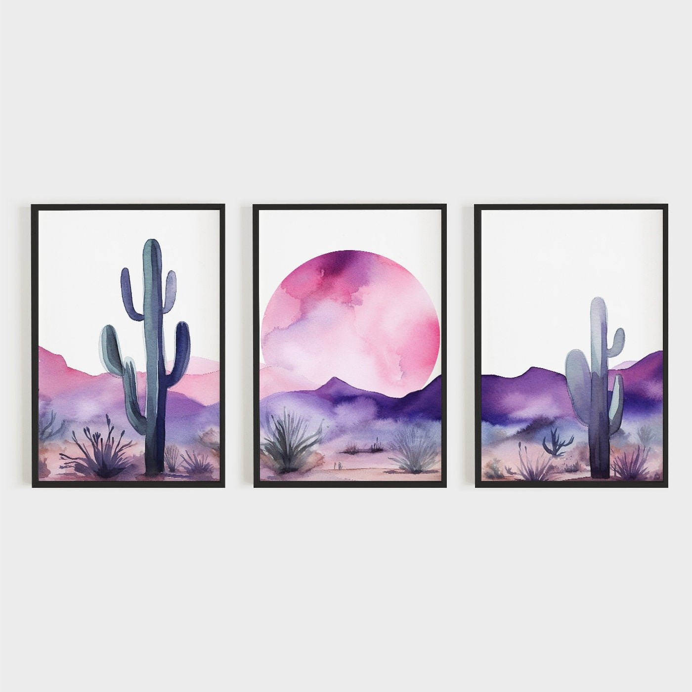 Desert Landscape Watercolor Wall Art Set of 3, Boho Style Painting, Nature Print, Purple & Pink Living Room or Bedroom Digital Printable Art