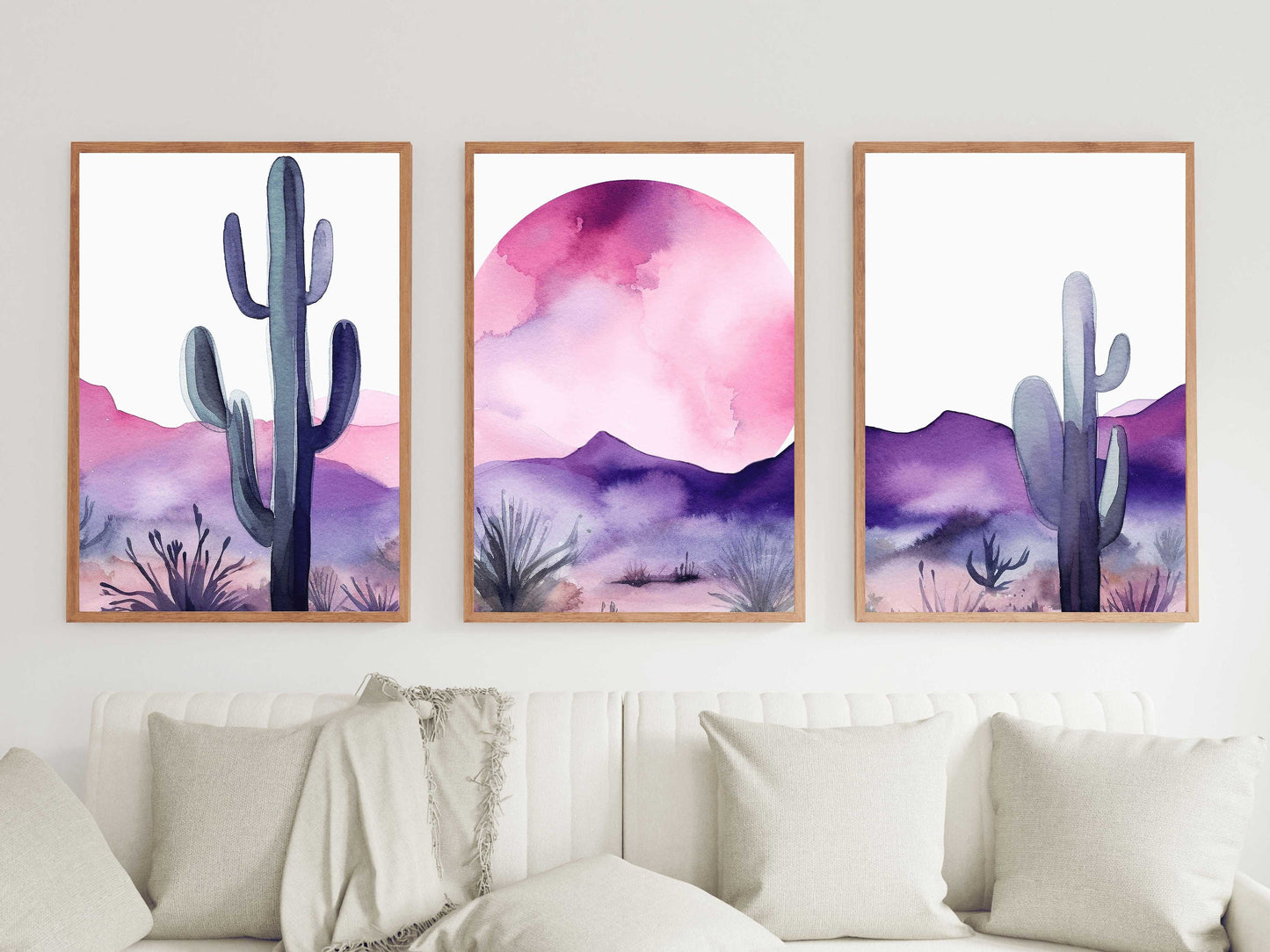 Desert Landscape Watercolor Wall Art Set of 3, Boho Style Painting, Nature Print, Purple & Pink Living Room or Bedroom Digital Printable Art