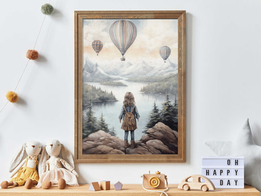 Adventure Nursery Girl Wall Art, Vintage Girls Room Art, Hot Air Balloons, Mountain Toddler Decor, Printable Girl's Bedroom or Playroom Art