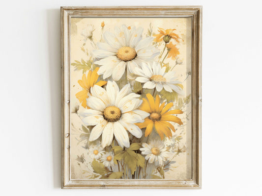 Rustic Vintage Botanical Art, Farmhouse Country Style Decor, Floral Print, Daisy Flower Bouquet, Distressed Digital Printable Floral Art