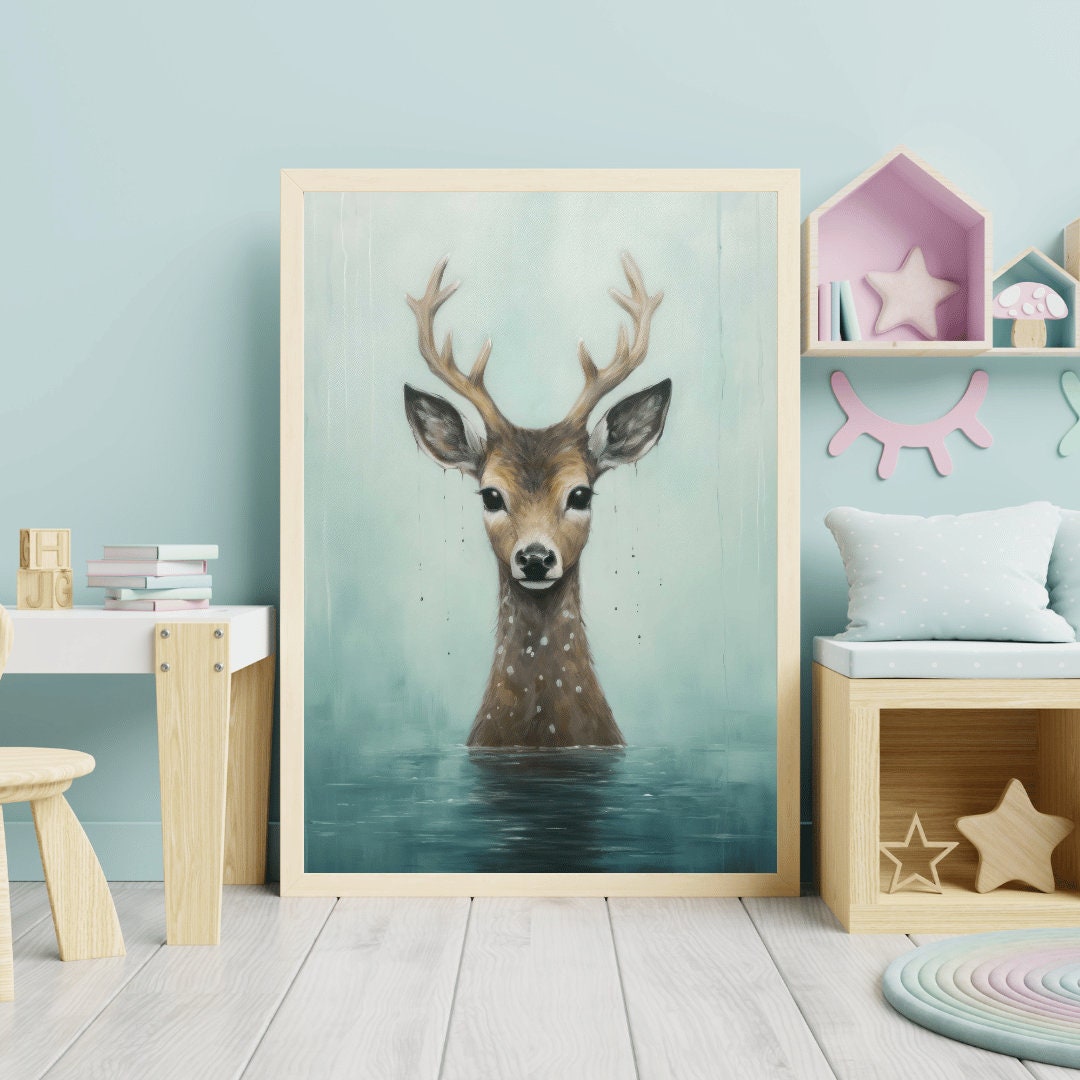 Deer Wall Art, Animals Bathing, Deer Nursery Decor, Woodland Forest Animal Print, Deer Poster Print, Digital Printable Animal Art