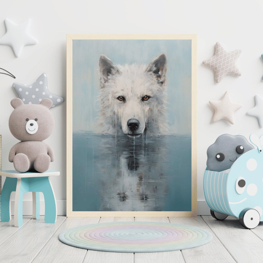 Wolf Wall Art, Animals Bathing, Wolf Kids Room Decor, Woodland Forest Animal Print, Wolf Nursery Poster Print, Digital Printable Animal Art