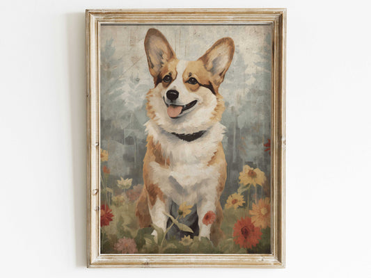 Corgi Art Print, Printable Digital Dog Decor, Dogs with Flowers Wall Art, Corgi Painting, Vintage Dog Print,  Corgi Lovers & Owners Gift