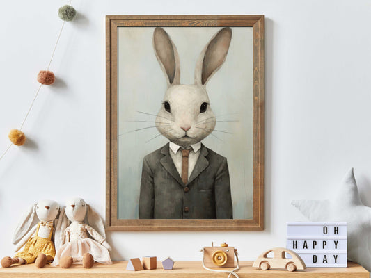 Vintage Nursery Decor, Rabbit in Suit & Tie, Woodland Forest Animal Art, Funny Rabbit Portrait, Animals in Clothes, Digital Printable Art