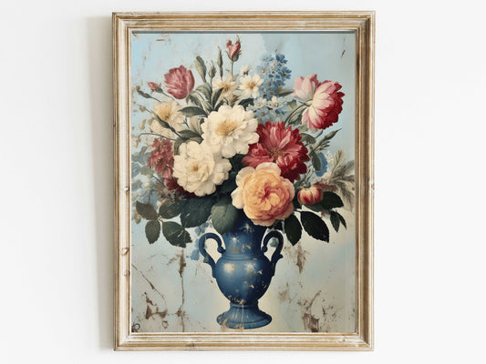 Rustic French Country Style Floral Art, Flower Bouquet Vase, Vintage Flower Painting, Farmhouse Decor, Digital Printable Country Home Decor