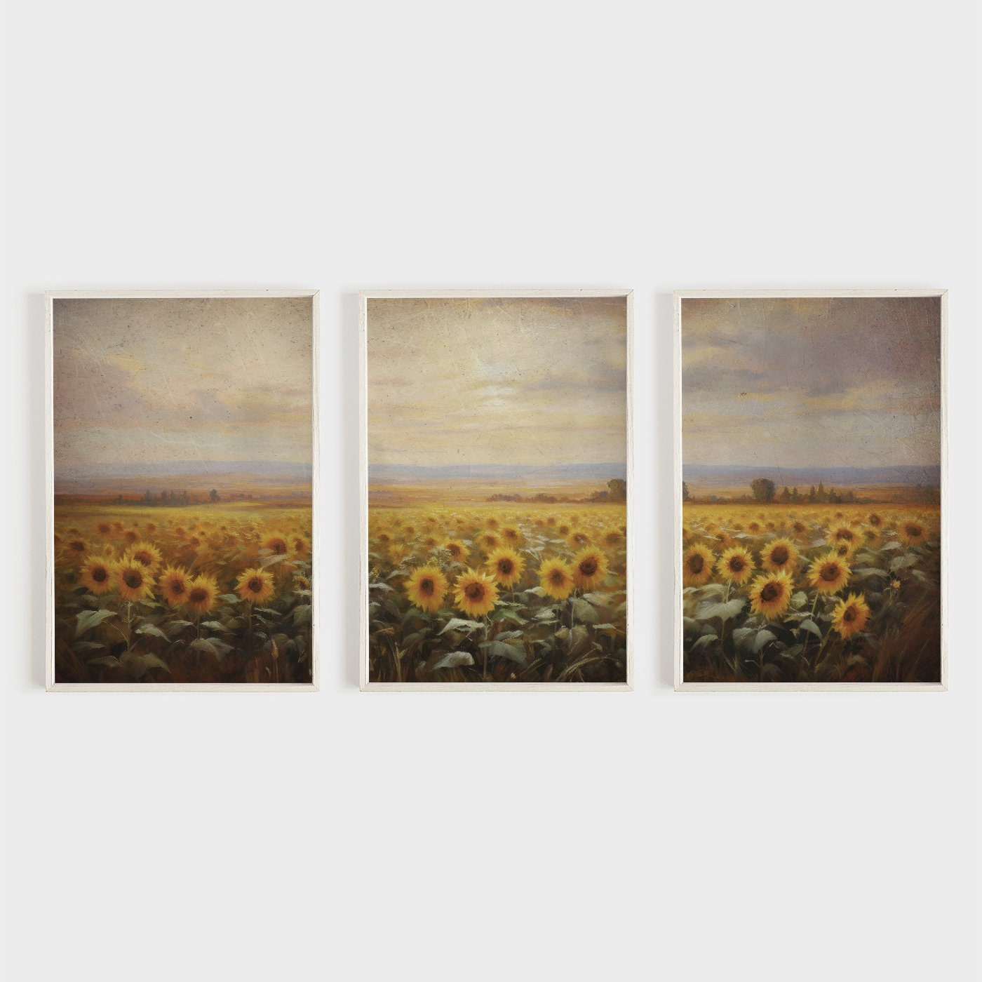 Breathtaking Sunflower Serenade: Vintage Landscape Trio to Brighten Your Day, Set of 3