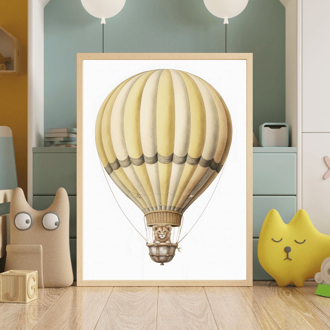 Safari Skies: Vintage Lion Hot Air Balloon Digital Art - High-Resolution, Printable - Ignite Adventure in Your Child's Room!