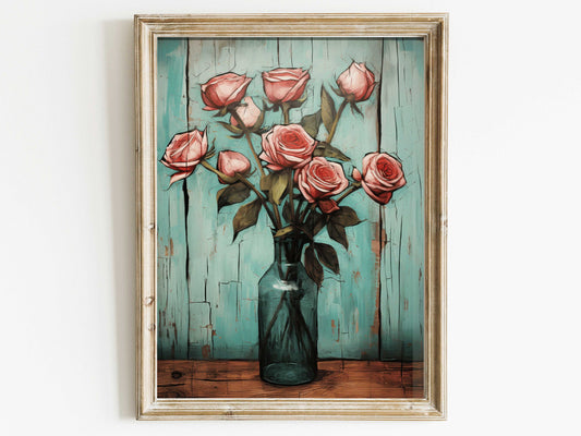 Romantic Vintage Rose, Pink Rose Wall Art, Distressed Beauty Blooms Eternally in Digital Wall Art