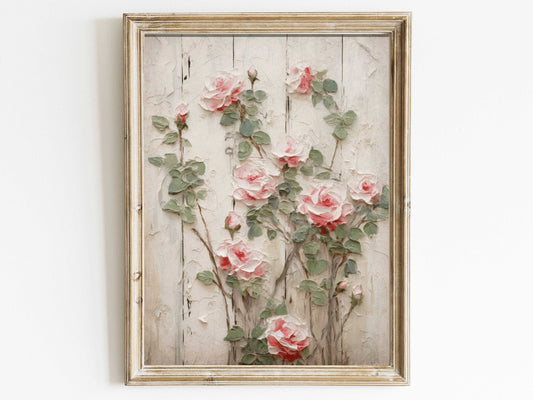 Vintage Rose Wall Art Print, Botanical Wall Art, Rose Bush Painting, Rustic Home Decor, Pink Flowers Art, DIGITAL Printable Flower Decor