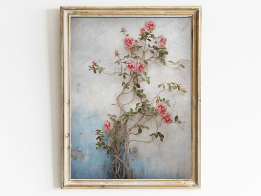 Rose Wall Art, Rustic Floral Wall Decor, Botanical Wall Art, Rose Bush Against a Wall, Pink Roses Print, DIGITAL Printable Flower Wall Art