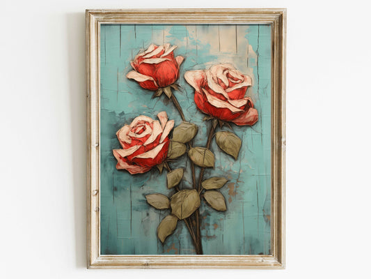 Vintage Red Rose Print, Floral Wall Art, Flower Bouquet Print, Teal and Red Living Room Decor, Farmhouse Country Style Digital Printable Art