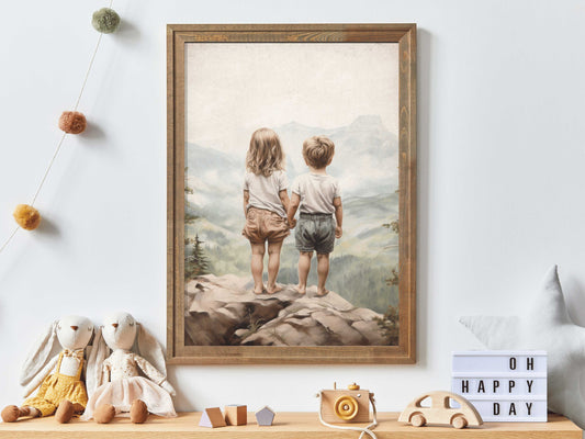 Vintage Siblings Adventure Wall Art, Brother & Sister Wall Art, Girl and Boy Toddler Print, Digital Printable Mountain Nursery Decor