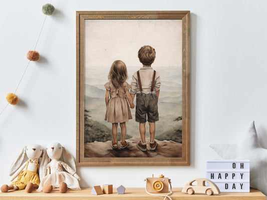 Brother and Sister Room Decor, Siblings Print, Nature Wall Art Kids, Boy & Girl Painting, Siblings Portrait, Printable Kids Wall Art