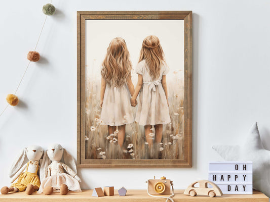 Sister Wall Art, Best Friends Print, Sisterhood Art, Vintage Twin Sister Painting, DIGITAL Printable Art for Girl's Room or Bedroom Decor