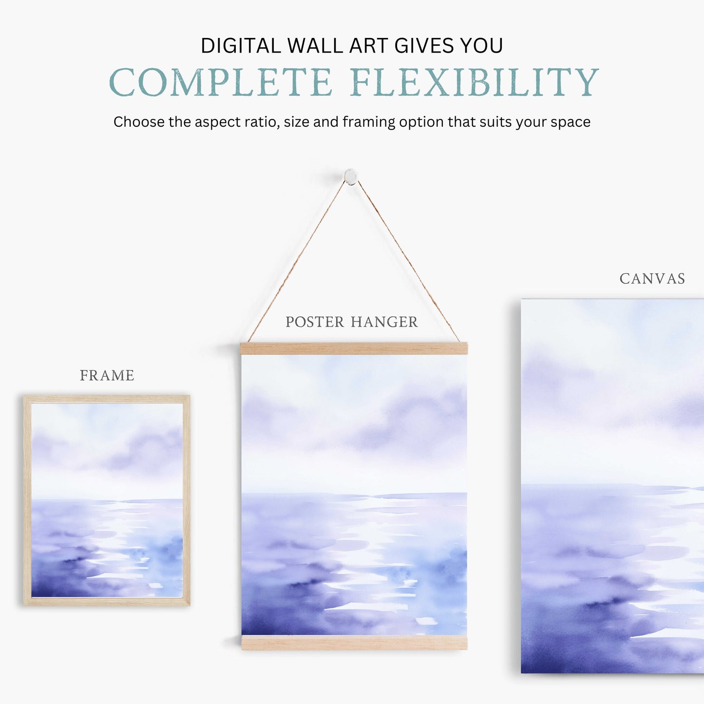 Abstract Watercolor Landscape Painting, Purple Home Decor, Sea & Sky Wall Art, Watercolor Waterscape Art, Digital Printable Wall Decor