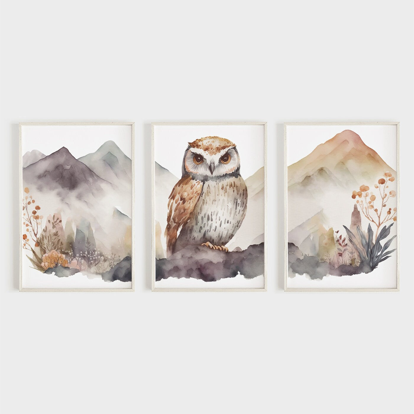 Owl & Mountain Wall Art Set, Boho Style Owl Watercolor Prints, Set of 3, Bird Animal Nursery Decor, Nature-Inspired Digital Printable Art