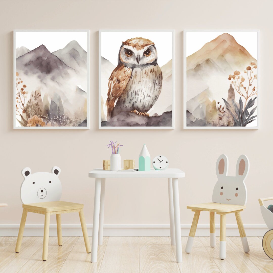 Owl & Mountain Wall Art Set, Boho Style Owl Watercolor Prints, Set of 3, Bird Animal Nursery Decor, Nature-Inspired Digital Printable Art