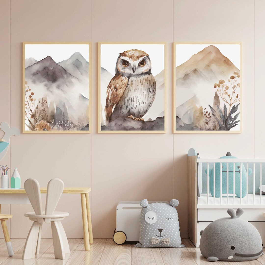 Owl & Mountain Wall Art Set, Boho Style Owl Watercolor Prints, Set of 3, Bird Animal Nursery Decor, Nature-Inspired Digital Printable Art