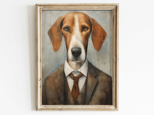 Dog Decor, American Foxhound Print, Dog in Suit Wall Art, Funny Vintage Dog Portrait, Dog Wearing Clothes, Digital Printable Dog Artwork