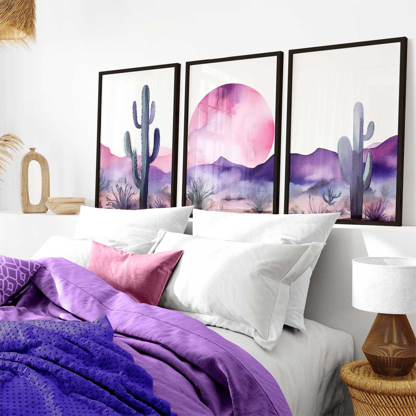 Desert Landscape Watercolor Wall Art Set of 3, Boho Style Painting, Nature Print, Purple & Pink Living Room or Bedroom Digital Printable Art