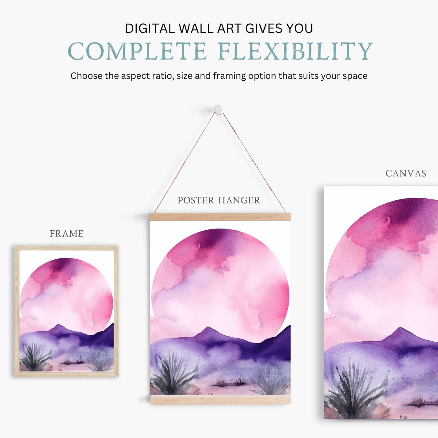 Desert Landscape Watercolor Wall Art Set of 3, Boho Style Painting, Nature Print, Purple & Pink Living Room or Bedroom Digital Printable Art