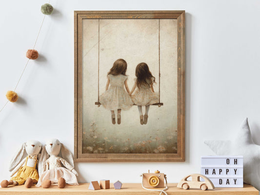 Sisters Wall Art, Sisters Print, Vintage Nursery Art, Girls on Swing Print, Best Friends Wall Art, DIGITAL Printable Girl's Room Decor