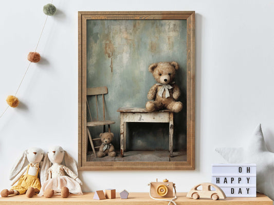 Teddy Bear Nursery Decor, Cute Vintage Baby Room Decor Neutral, Rustic Nursery Wall Art, Teddybear Painting, Digital Printable Nursery Art