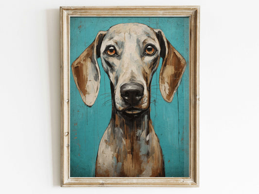 Timeless Weimaraner Wall Art, Rustic Teal-Toned Vintage Dog Portrait - Unique Digital Printable Dog Art