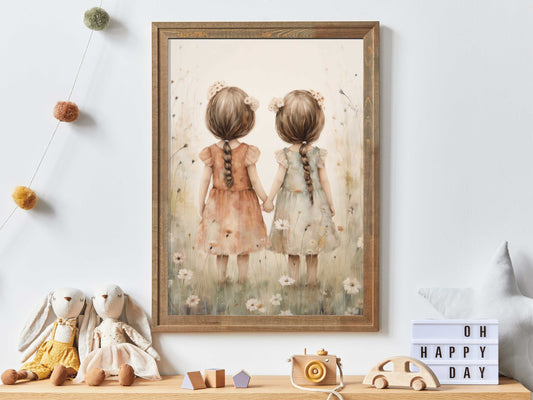 Twin Sisters Wall Art, Sisters Bedroom Decor, Sisters Room Print, Vintage Wildflower Girls Room Art, Friendship Nursery Decor, PRINTABLE Art