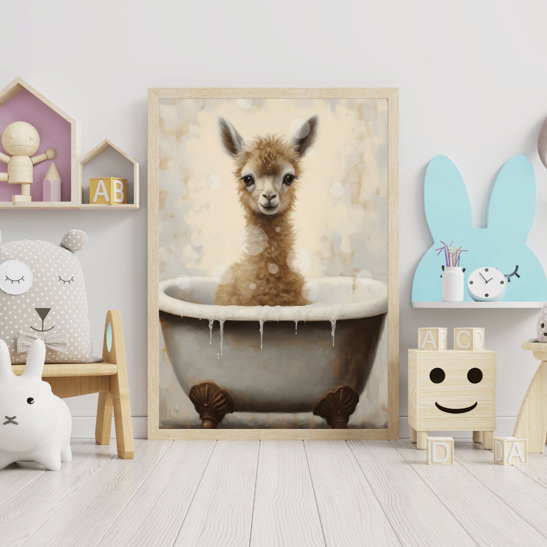 Llama Nursery Wall Art, Llama in Bath Tub, Bathing Animal Nursery & Kids Room Decor, Gender Neutral Kids Bedroom Art, PRINTABLE Nursery Art