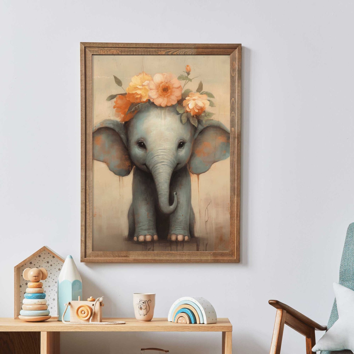 Vintage Nursery Animal Art, Baby Elephant with Flower Crown, Safari Animal Kids Room Decor, Cute Animal Girl's Room Print, Digital Art