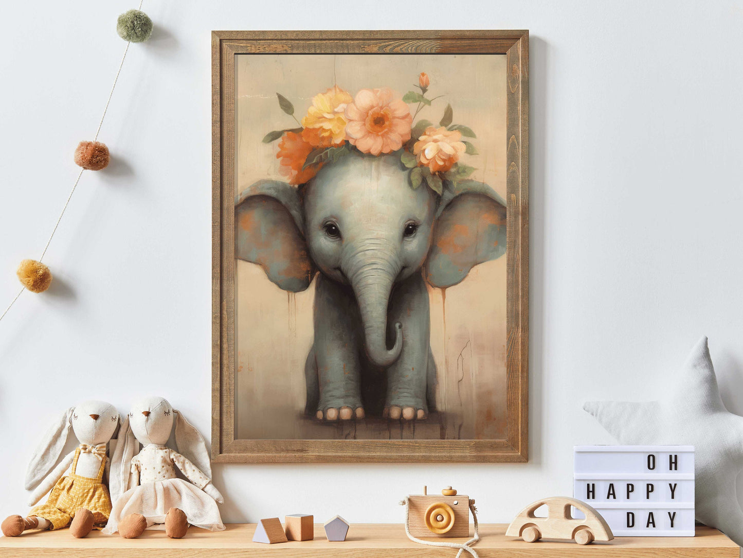 Vintage Nursery Animal Art, Baby Elephant with Flower Crown, Safari Animal Kids Room Decor, Cute Animal Girl's Room Print, Digital Art