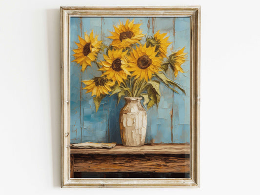 Sunflower Wall Decor, Vintage Rustic Floral Print, Sun Flower Wall Art,Farmhouse Decor, Country Style Flower Painting, DIGITAL Printable Art