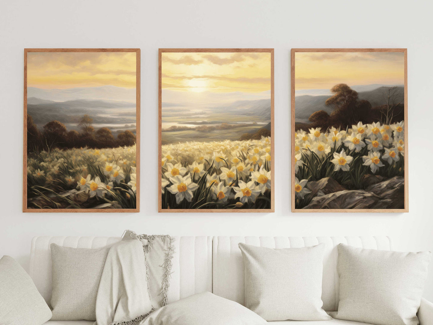 Daffodil Prints, Flower Landscape Wall Art, Set of 3, Countryside Daffodil Field, Vintage Nature Print, DIGITAL Printable Wall Art