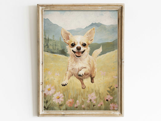 Chihuahua Print, Vintage Dog Decor, Running Dog Portrait, Dogs and Flowers, DIGITAL Printable Art for Chihuahua Lovers & Owners