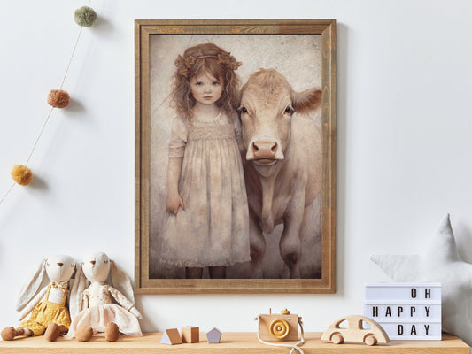 Vintage Farm Animal Wall Art, Little Girl with Cow, Girl's Room Print, Farmhouse Nursery Art, Rustic Nursery Decor, Digital Printable Art