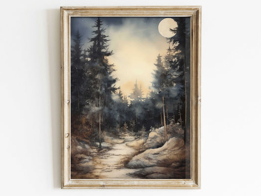 Watercolor Forest Wall Art, Rustic Home Decor, Vintage Nature Print, Cabin Decor, Moonlit Forest Art Print, DIGITAL Printable Wall Decor