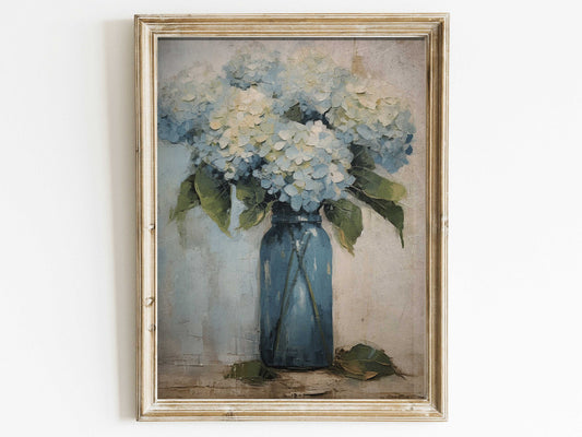 Rustic Floral Art, Hortensia Flower Wall Art, Vintage Floral Wall Decor, Blue Vintage Print, Flower Painting, DIGITAL Printable Botanic Art