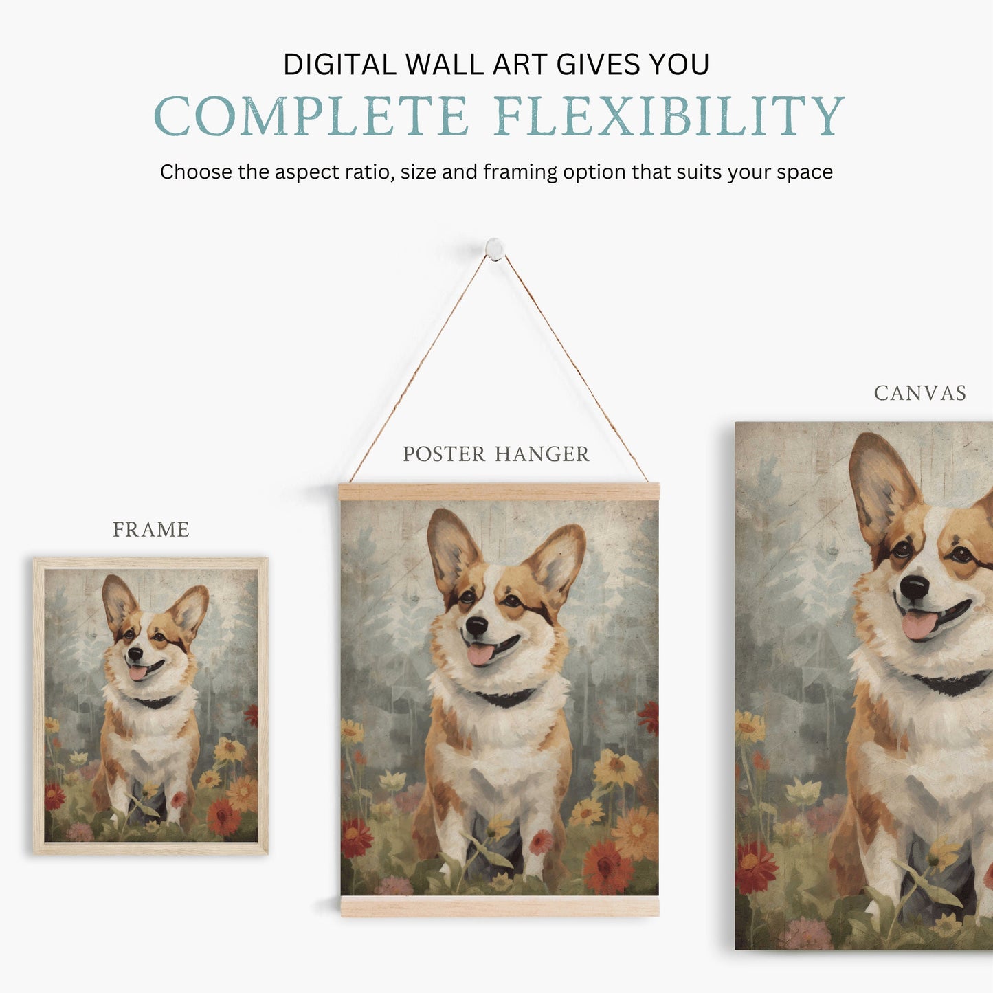 Corgi Art Print, Printable Digital Dog Decor, Dogs with Flowers Wall Art, Corgi Painting, Vintage Dog Print,  Corgi Lovers & Owners Gift