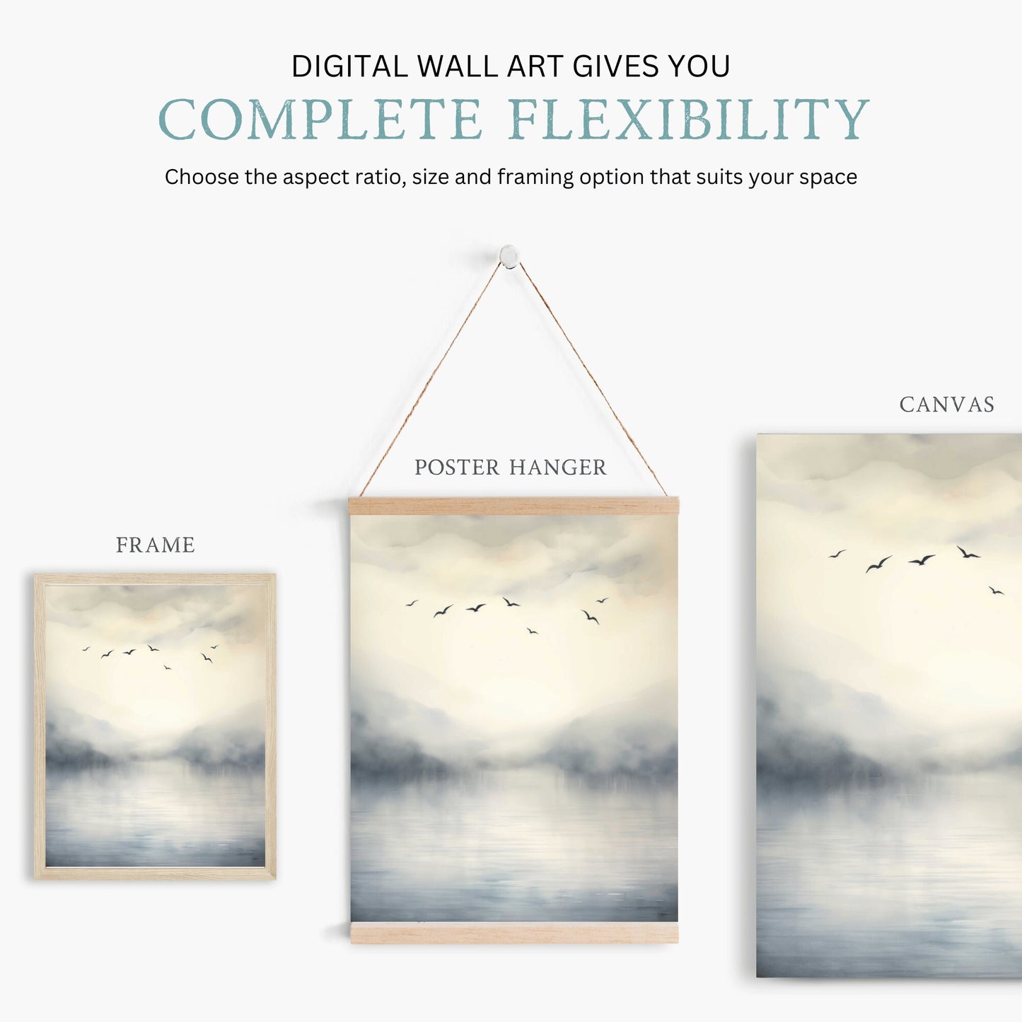 Abstract Lake & Birds Wall Art, Abstract Nature Print, Watercolor Landscape Painting, Tranquil Home Decor, Digital Printable Living Room Art