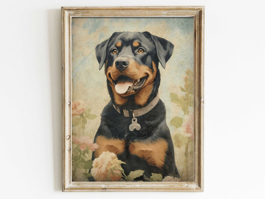 Rottweiler Wall Art, Vintage Dog Print, Rottweiler Portrait, Dogs with Flowers, Dog Painting, Digital Printable Dog Decor