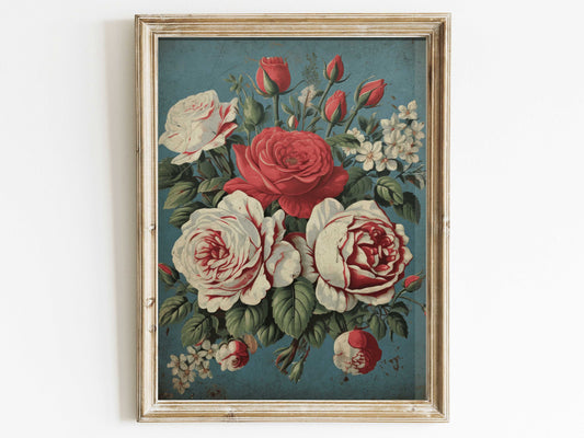 Vintage Floral Wall Art, Rose Bouquet Print, French Country Style Flower Wall Decor, Digital Printable Floral Wall Decor